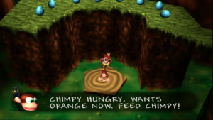 Chimpy Text Bubble That Reads "Chimpy hungry, wants orange now. Feed Me!"