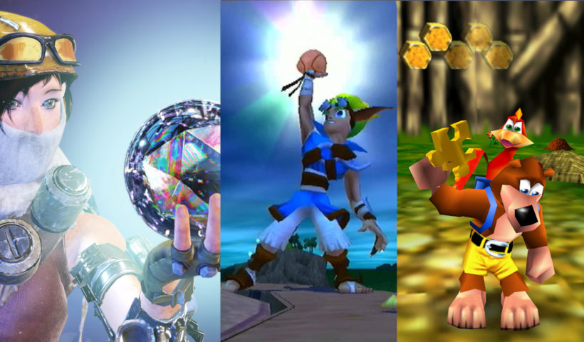 Image With Each Third having the protagonist of a different game. From left to Right: Joule from ReCore, Jak from Jak and Daxter, and Banjo from Banjo-Kazooie