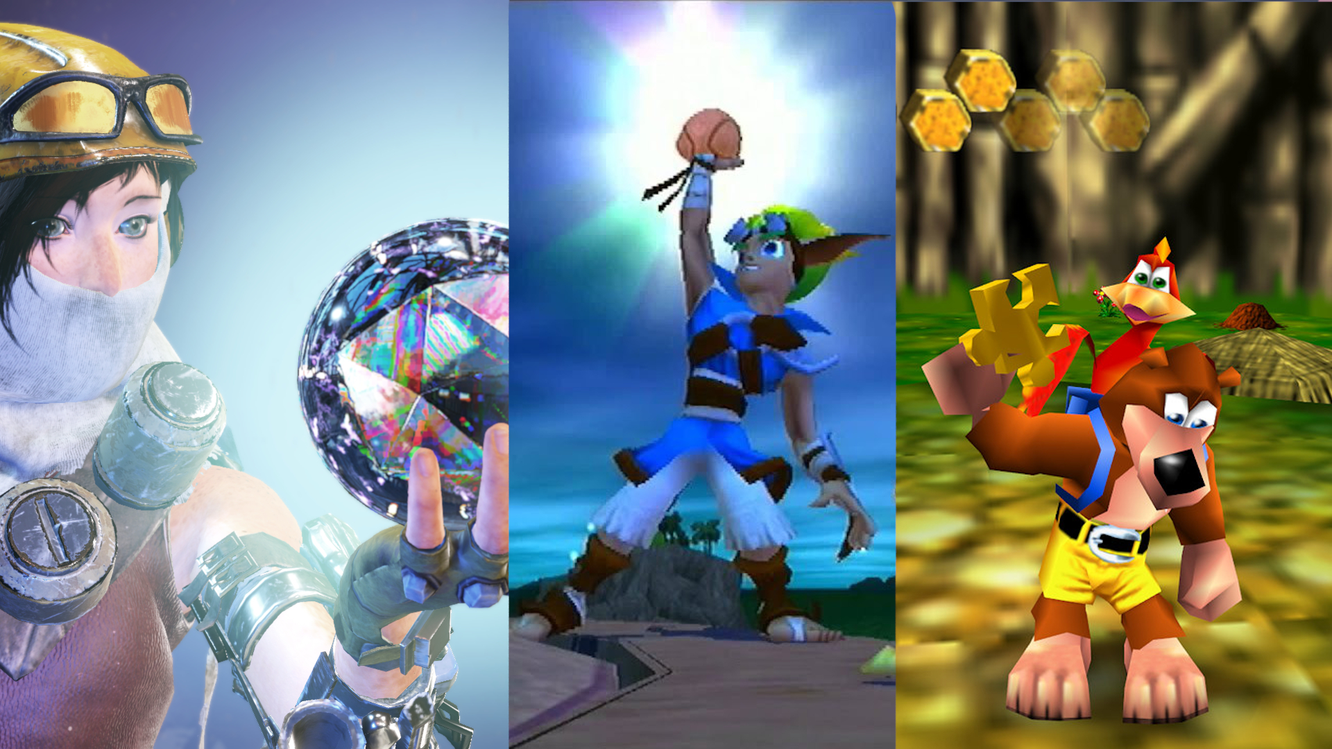 Image With Each Third having the protagonist of a different game. From left to Right: Joule from ReCore, Jak from Jak and Daxter, and Banjo from Banjo-Kazooie