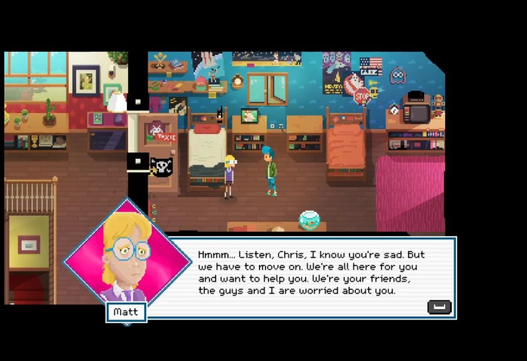 Screenshot of some textbox dialogue from Crossing Souls