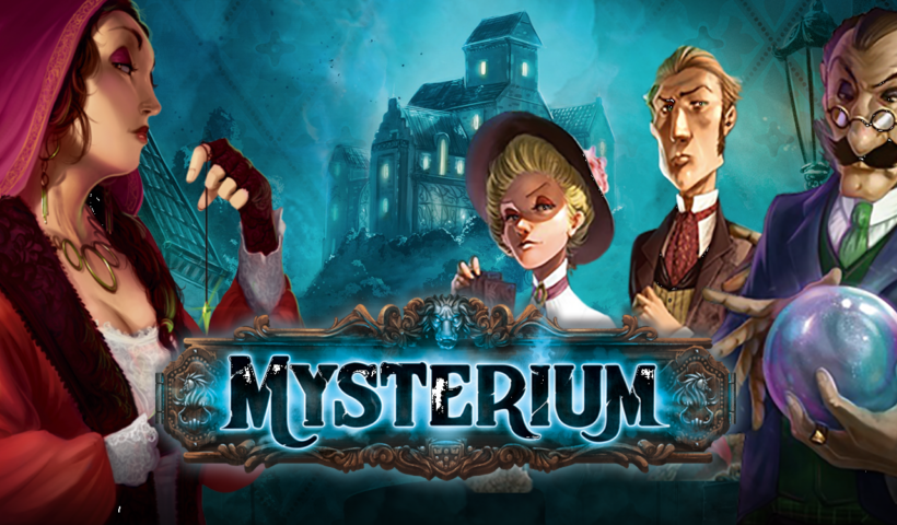 Promotional IA handful of Mysterium's psychics, alongside the logo.