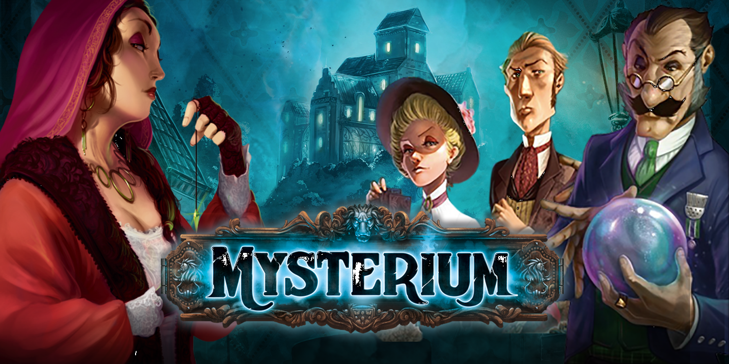 Promotional IA handful of Mysterium's psychics, alongside the logo.